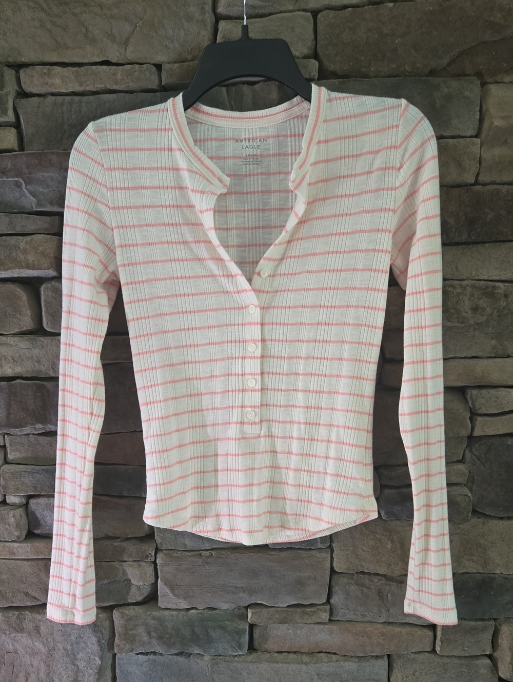 American Eagle Outfitters Cream and Pink Striped Ribbed Henley Long Sleeve Top